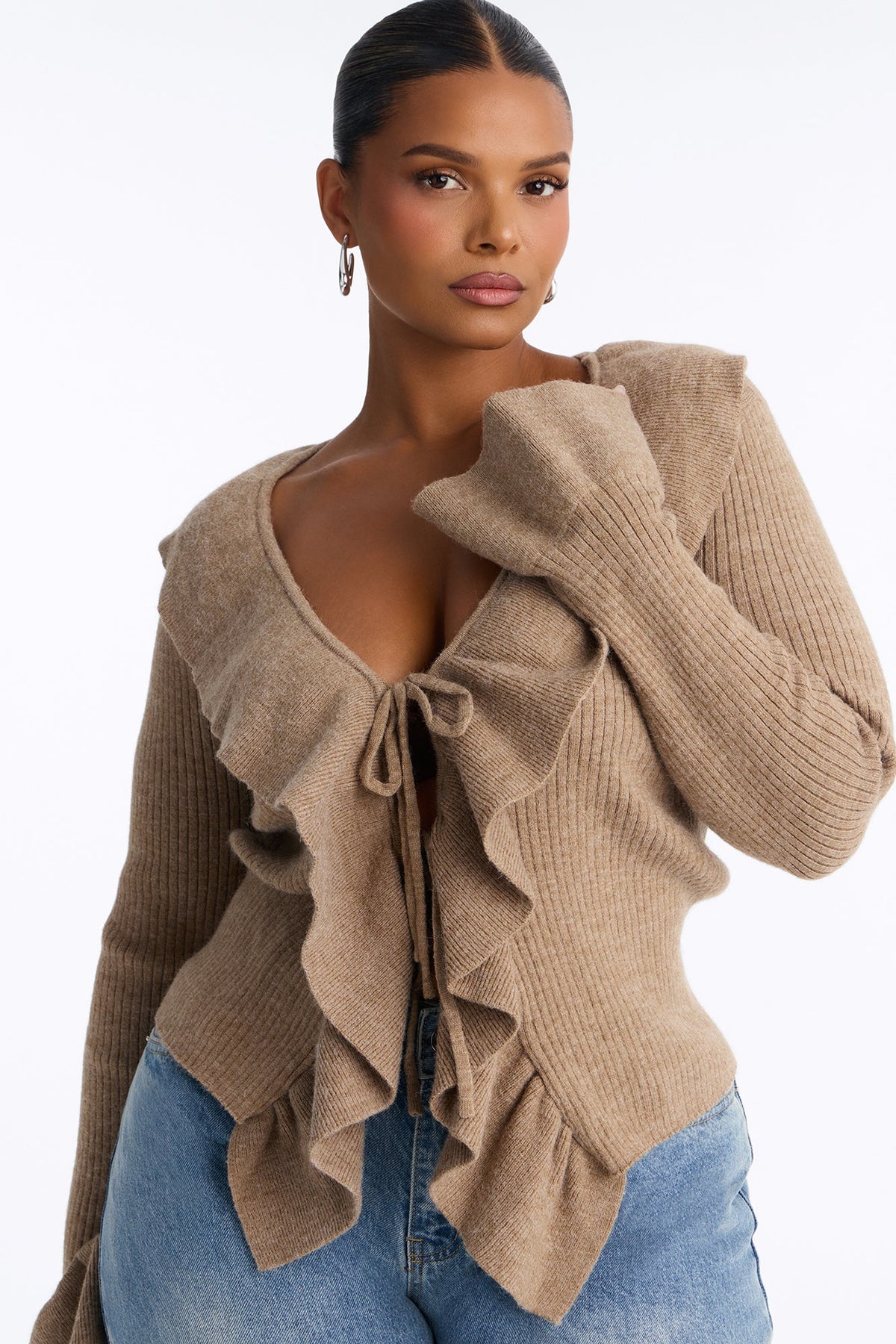 Jasmyn Flyaway Ruffle Cardigan Sweater - Taupe.