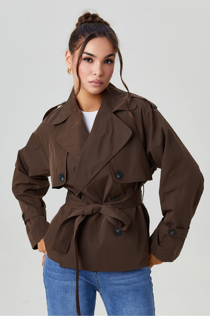 Notch Lapel Double Breasted Waist Tie Trench Coat
