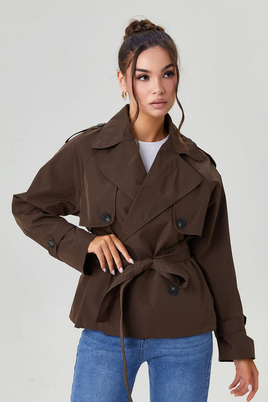 Notch Lapel Double Breasted Waist Tie Trench Coat