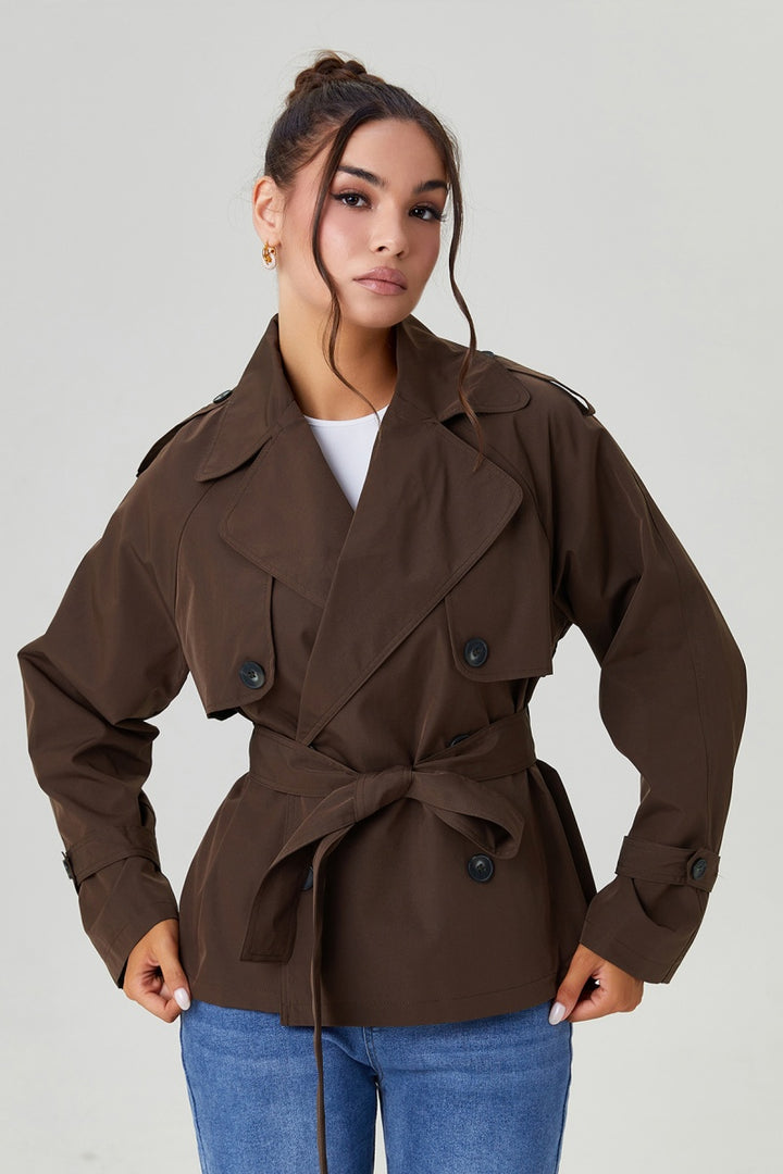 Notch Lapel Double Breasted Waist Tie Trench Coat