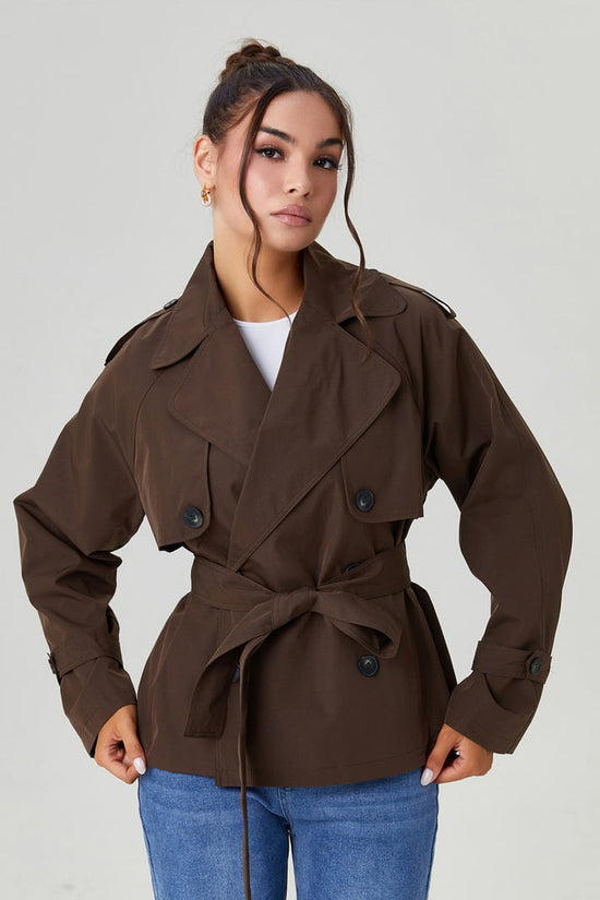 Notch Lapel Double Breasted Waist Tie Trench Coat